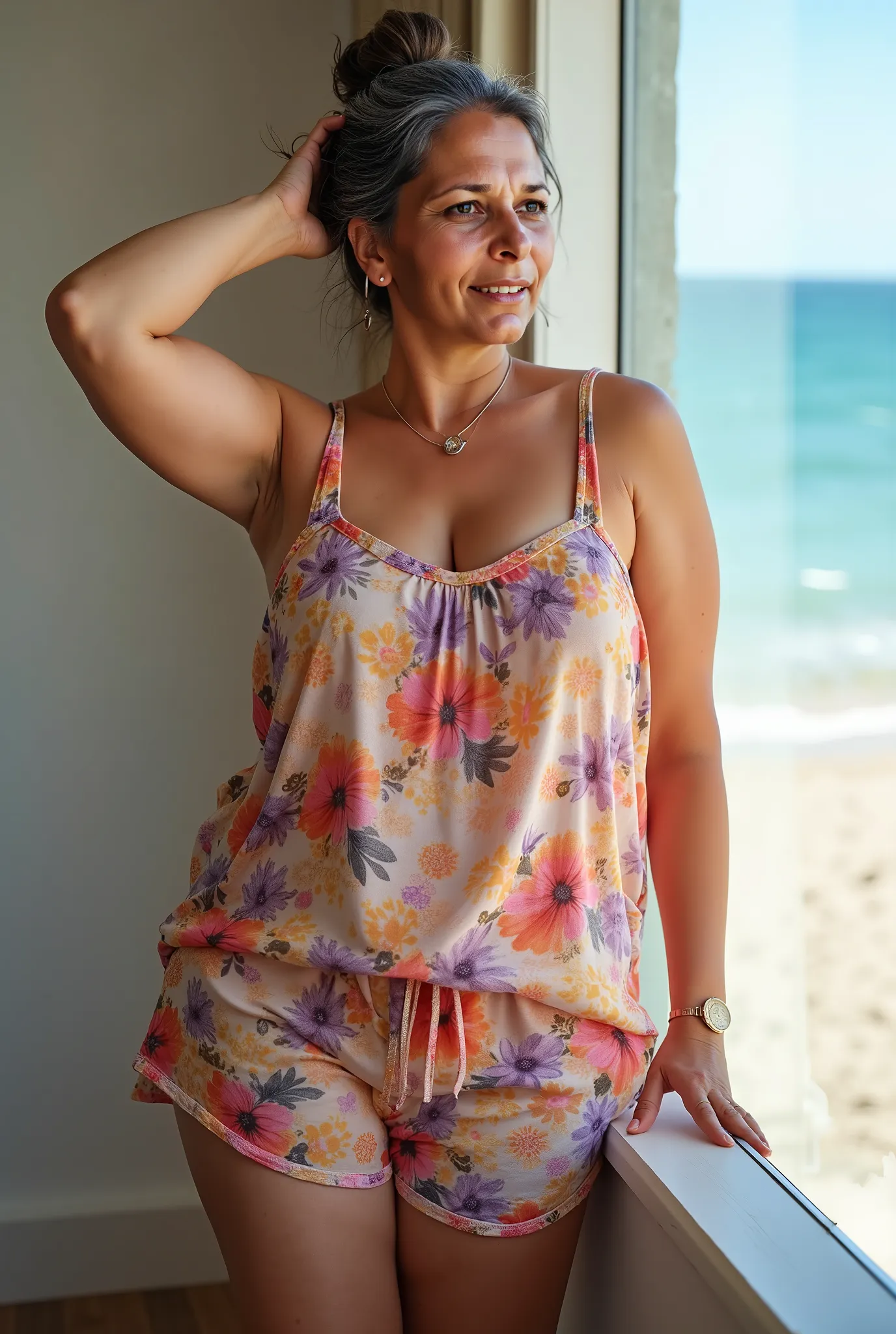 45 aged lady,plus size body, fair skin and fair face, teeth visible smile, gray and black hair, low bun hair style, she wearing  sleevless strap squreneck top, cashual top, vibrant multi colour mix floral print, overlapping shades such as oreng, purple, ye...