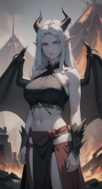 Extremely realistic shading, masterpiece, extremely detailed, photorealistic, grey eyes, scaly skin, Supreme arcane, dragon wings, Kalindria, Eldari everywhere, dragon wings,  Kalindria covered in Devine Halter top and loincloth, horns, spiked wings, glari...