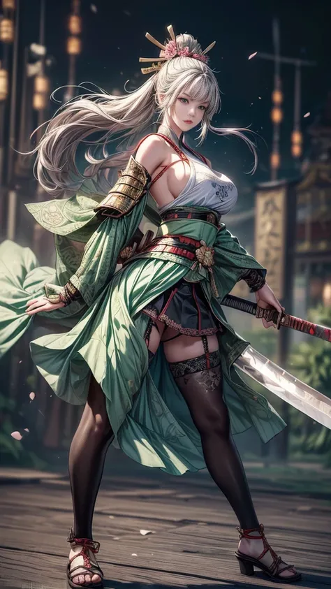 young woman,Oiran,warrior,(wielding a huge_weapon:1.6), very detailedな, realist,(full body:1.3),(combat posture:1.6), Brilliant Appearance ,extremely detailed, Imaginative,sensual ,top quality,  skin texture,(Milkmaid braid hair),(Ash gray hair),(huge brea...