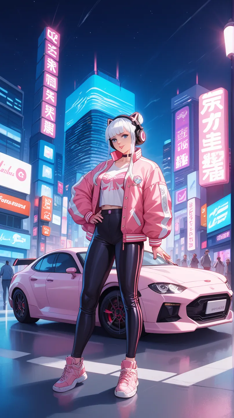 A cyberpunk-style anime girl with long, flowing white hair stands confidently in front of a customized pink sports car in a futuristic city at night. She wears a stylish pink and white varsity jacket, a white t-shirt, black jogger pants with subtle Japanes...