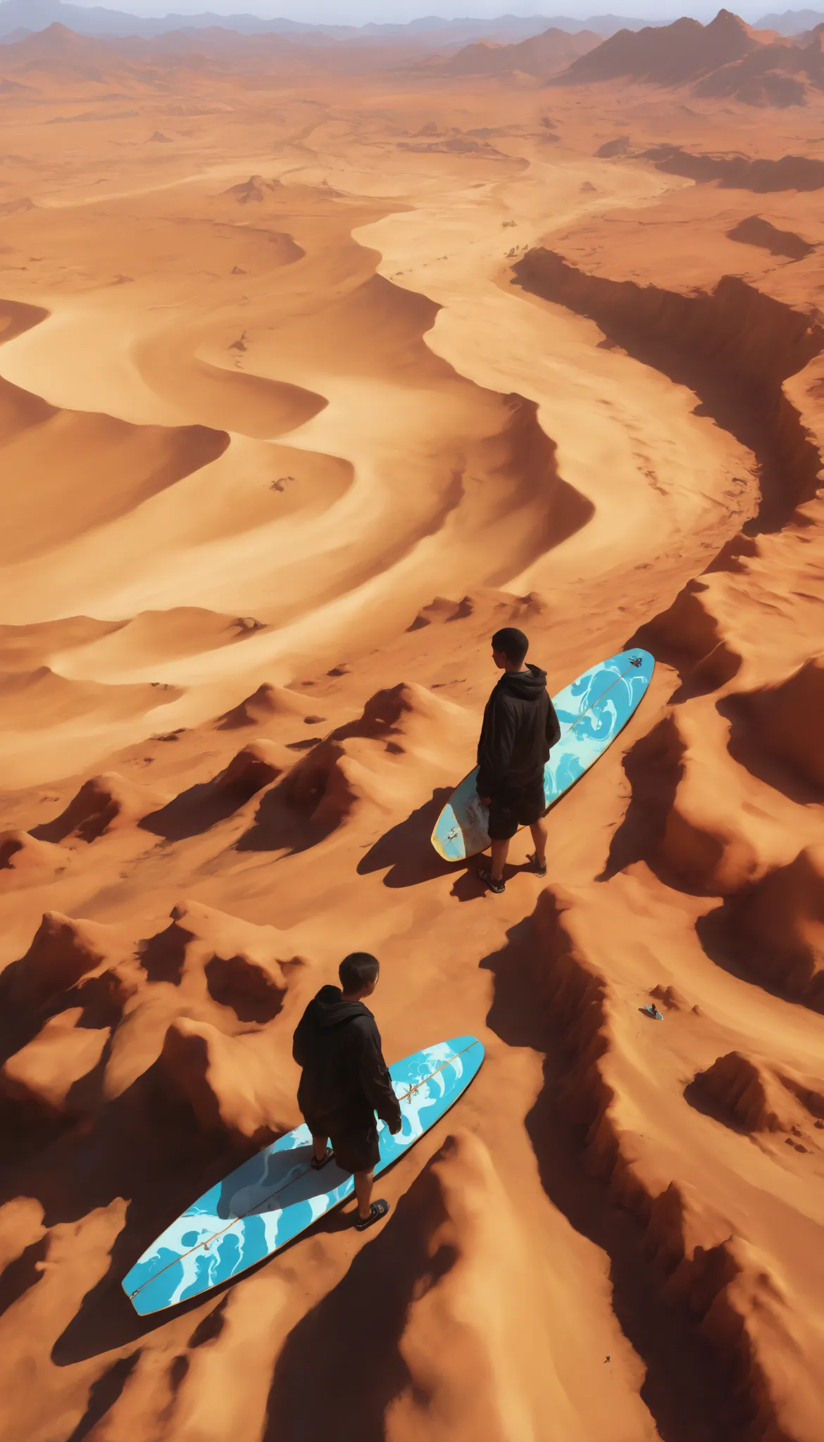 masterpiece, hyperrealistic ,newer ,absurdres, highres,  about,detailed background,a boy,surfboard,in the desert