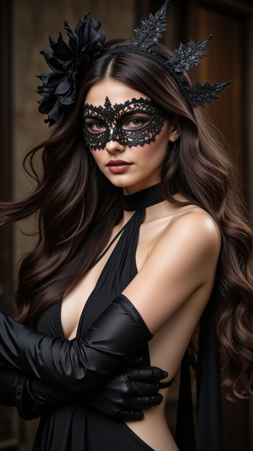 The woman in the image is wearing an elegant black masquerade mask with intricate lace-like detailing. She has long, wavy brown hair cascading down her back and is adorned with a black headband that complements the mask. She is dressed in a black halter-st...