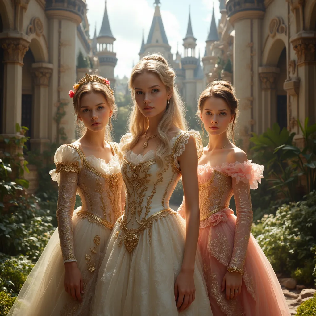 Three beautiful princesses are dressed in historical attire, Castle in the background, high fantasy, BREAK, masterpiece, best quality, the most important work, ultra detailed, high resolution, 32k, RAW photo, photorealistic, highly detailed background, ela...