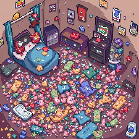 A cute 64x64 pixel sprite of bedroom which is a total mess with laundry, stuff and more