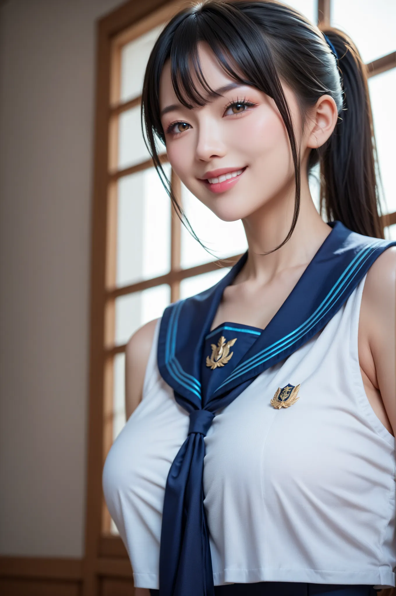  high image quality during sick leave  , 32K,  masterpiece ,  top quality , detailed beautiful face and eyes  ,  multiple beautiful Japanese women , Big Breasts,   black hair,  ponytail, Seductive Smile,navy blue sailor suit, super miniskirt, ( sexy pose:1...