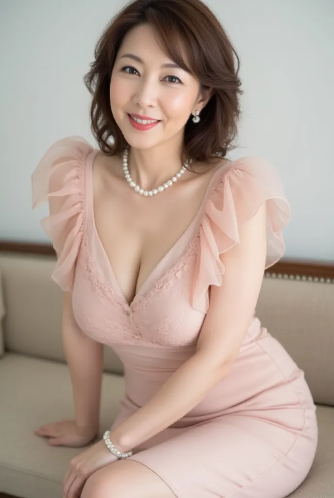 (((Body-fitting pencil skirt、high heels、Sitting in a good posture on the couch)))、( Excited Mature Woman , 48 years old,   Japanese,  masterpiece,  top quality,  high resolution, realistic:1.37,  sharp concentration:1.4,      Unrivaled concert venue    , u...