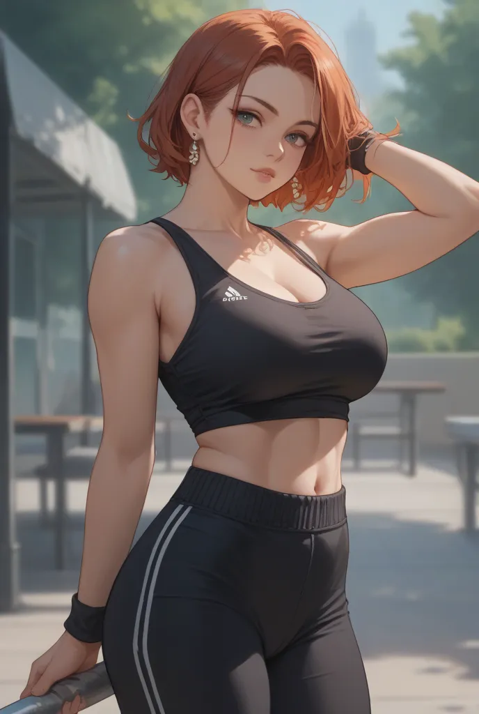 1 High school girl with wearing a sporty outfit (black tank top and casual baggy pants)
Anime style, Earrings, Large breasts, 