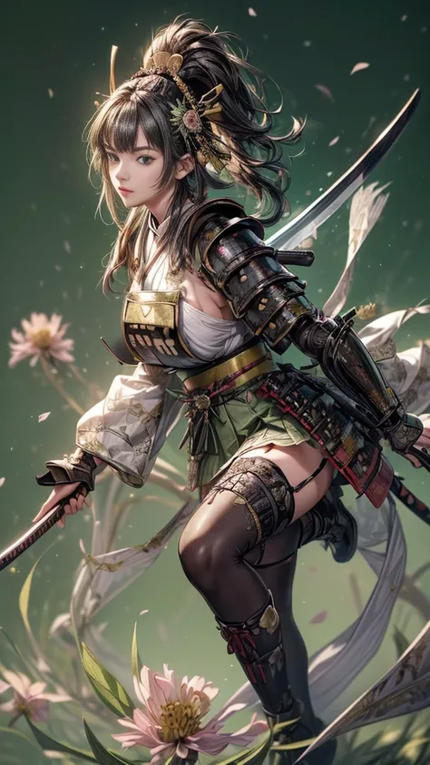 young woman,Oiran,warrior,(wielding a huge_weapon:1.6), very detailedな, realist,(full body:1.3),(combat posture:1.8), Brilliant Appearance ,extremely detailed, Imaginative,sensual ,top quality,  skin texture,(Milkmaid braid hair),(Ash gray hair),(huge brea...