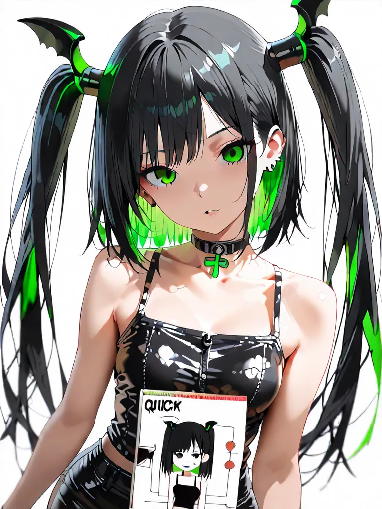 Black and Green, 1 girl, cute face,  random suspect,  black hair, Inner vivid green color,  twin tail hair ,  quick, cut, Straight Hair,  Slim, Blurred, leather camisole, leather chokers , leather short skirt,  Beautiful shoulders,  ear piercing, anime col...