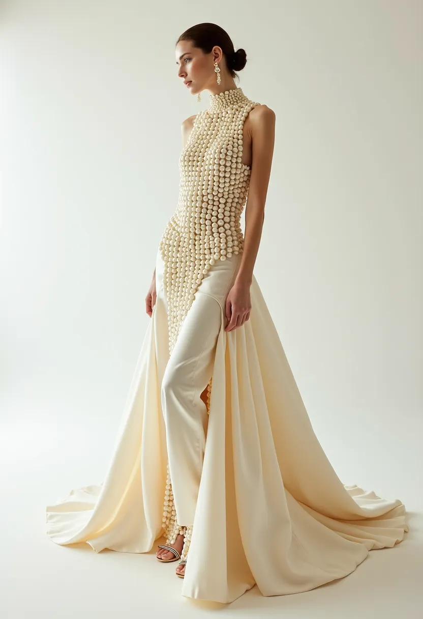 ashion photoshoot, on white room wearing a Moschino haute couture look made all of pearls and cream satin , long shoot