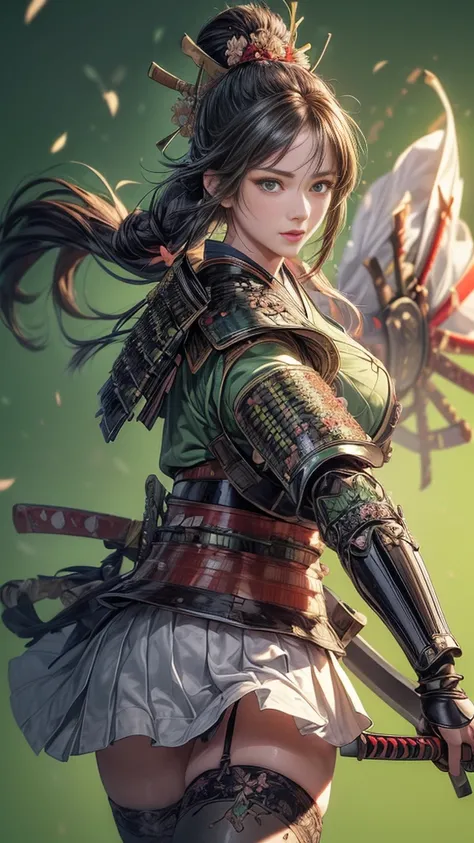 young woman,Oiran,warrior,(wielding a huge_weapon:1.6), very detailedな, realist,(face:1.3),(combat posture:1.8), Brilliant Appearance ,extremely detailed, Imaginative,sensual ,top quality,  skin texture,(Milkmaid braid hair),(Ash gray hair),(huge breasts),...