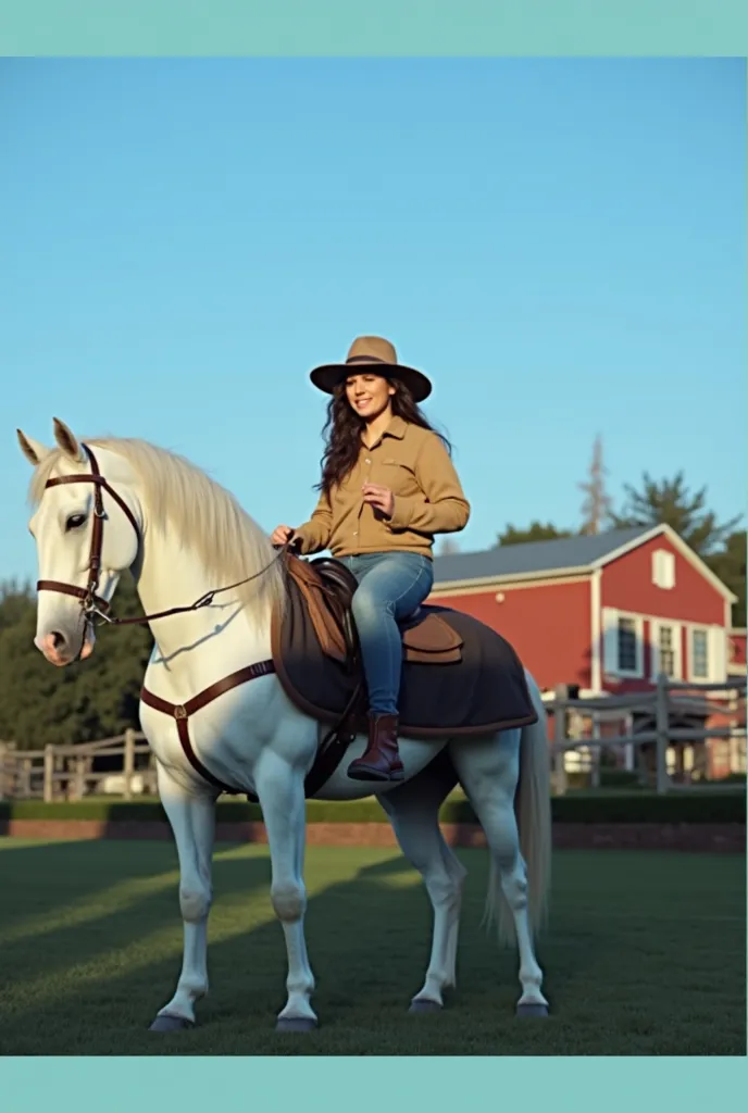 a woman riding a white horse, she is wearing a hat with the clothes of those who work with horses on her farm, and a beautiful lawn with a beautiful barn