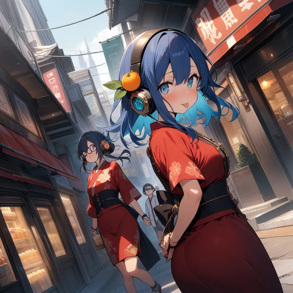 Japanese idol alone, bust up, cobalt jewel eyes, round and large droopy eyes, eye highlights, navy blue hair, light blue inner color hair, half-up bun, flower hair accessory, red yukata with summer mandarin orange pattern, red-rimmed glasses, steampunk hea...