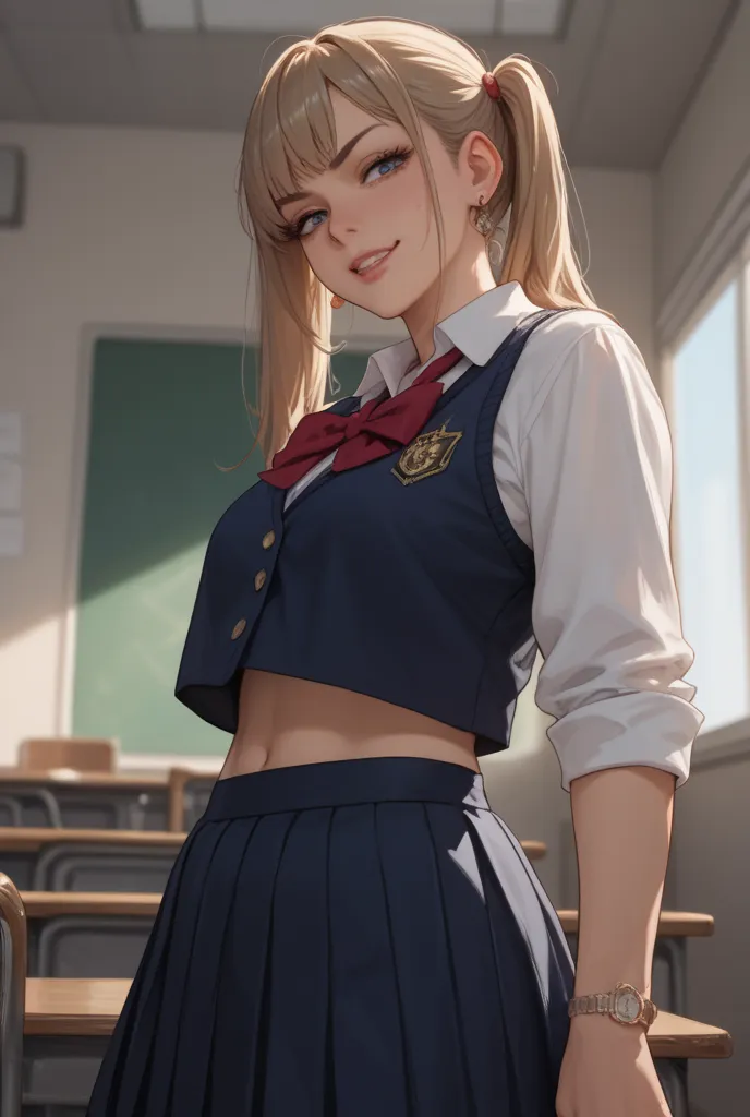 1 High school girl wearing school uniform with an arrogant smirk and cocky face.
Anime style