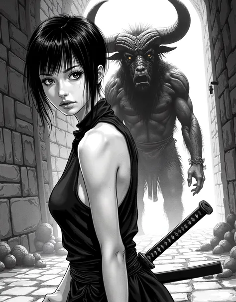 manga сetcиль,черно-белая manga, шикарная Russian девушка с большими глазами и короetcкой сetcижкой пикси, etc,сetcройная милая,thoughtful.Big eyes, sexy,manga,realism,black and white image,рисованный сetcиль manga,cute girl,в одеянии ниндзя с каetcаной в ...
