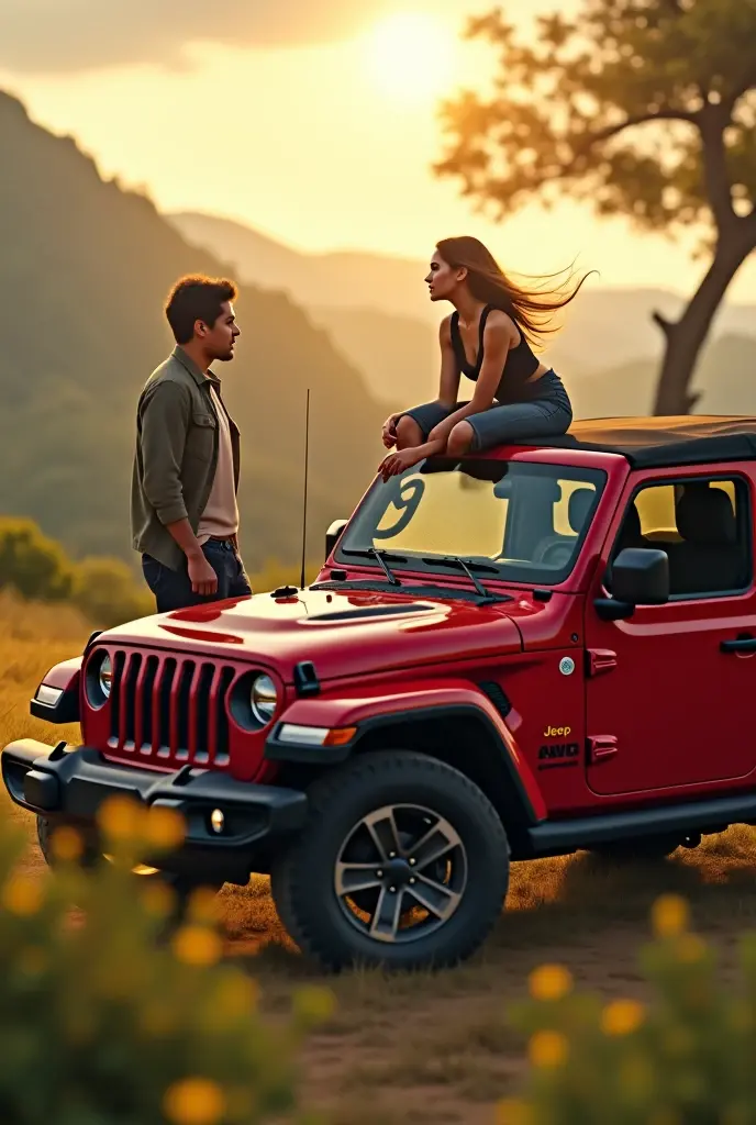 A simple black jeep in the forest is a woman and a man chatting in the back of a jeep