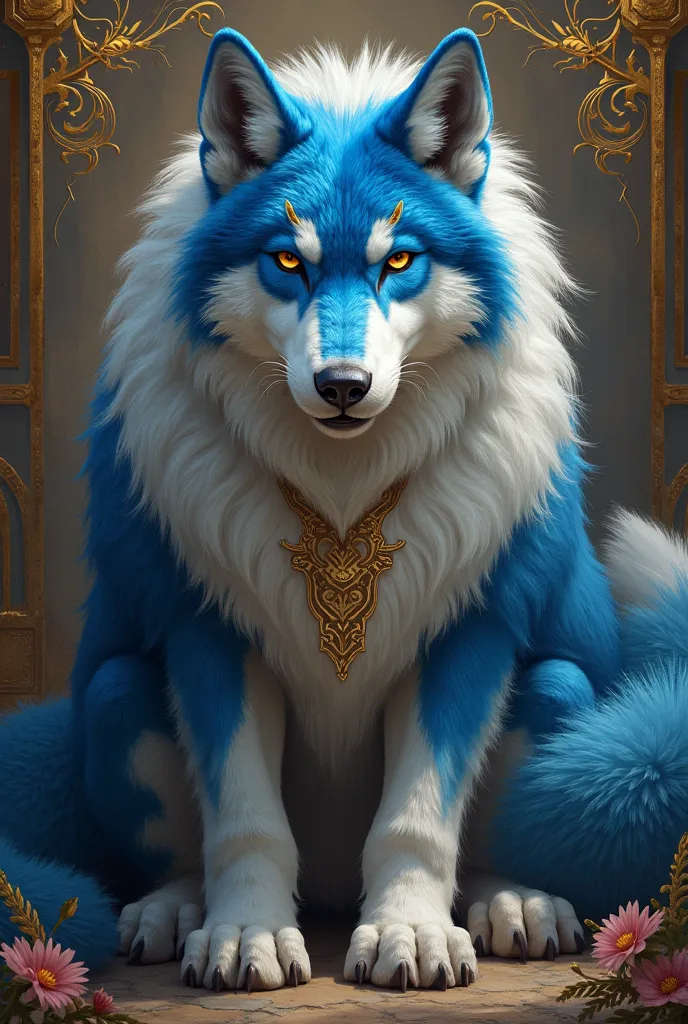 Mad wolf Guara painted in stately blue, white and gold 