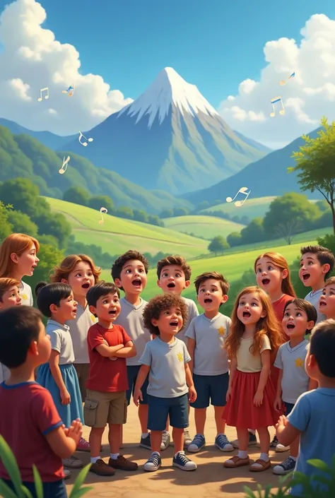 Image containing boys and girls singing the Argentine national anthem, with some musical notes and Argentinian landscapes, 