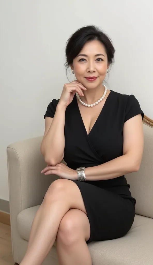 (((Sit with your knees aligned、calves、high heels:1.３)))、(((form-fitting pencil miniskirt、high heels、 black hair up 、Sitting in a good posture on the couch:1.３)))、( Excited Mature Woman , 60 years old,   Japanese,  masterpiece,  top quality,  high resolutio...