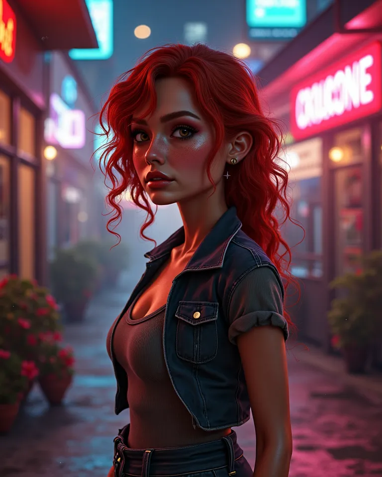 3d hyperrealistic. Young, 18 years old. red-haired. body with generous curves.  detailed realistic eyes ,  light brown.  natural red hair . freckles on the face. freckles.  wearing jeans. black boot. Half side pose, standing. On the street of a city, at ni...