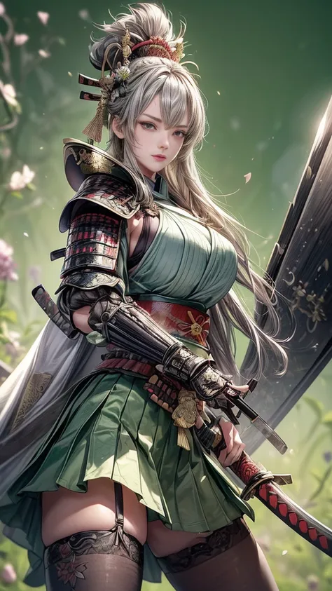 young woman,Oiran,warrior,(wielding a huge_weapon:1.6), very detailedな, realist,(from front:1.6),(combat posture:1.8), Brilliant Appearance ,extremely detailed, Imaginative,sensual ,top quality,  skin texture,(Milkmaid braid hair),(Ash gray hair:1.3),(huge...