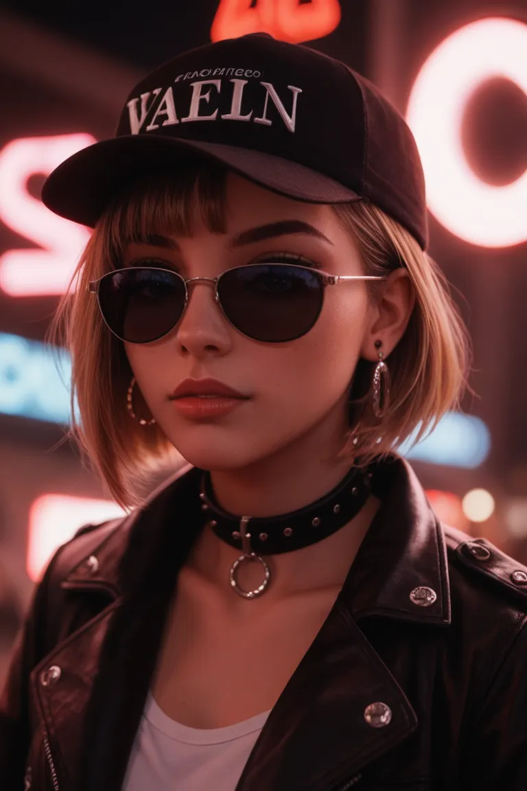 close-up of the face, Alternative girl, looking over black sunglasses,  jacket, collar,  neon light reflections on the skin, earring, make-up, imperfections in the skin, short hair, cap, neon light background , low light, depth of field, highly detailed, H...