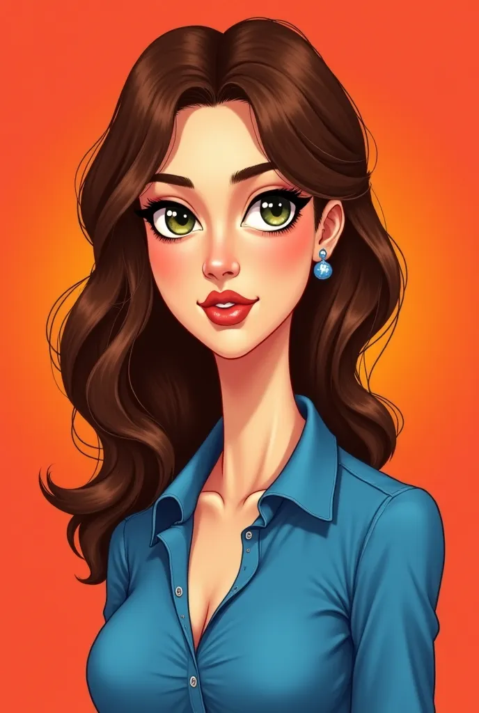  A half realistic woman , Still in a drawing,  blue shirt with brown hair, green eyes half brown, well sculpted face, looking like 30 years old, wavy hair, with a half-low neckline, and a sign under the mouth, filter half red background, with an orange fil...