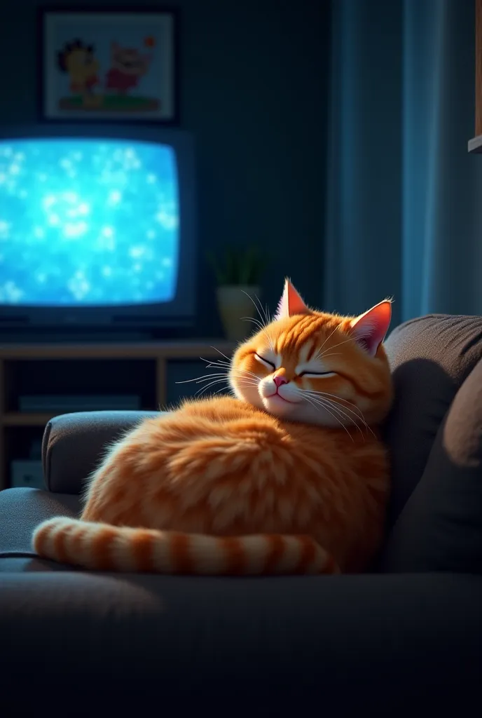 Make the fat orange cat falling asleep watching TV at night on the couch