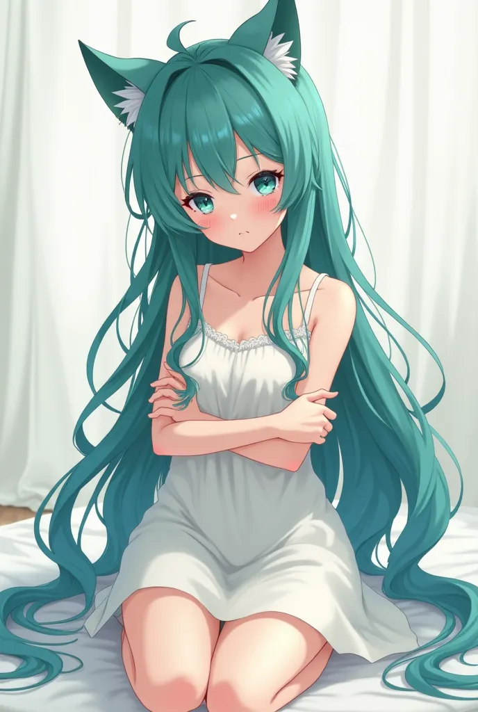 Generate a simple one character anime girl with dark turquoise long hair and cat ears of the same color. On the body is a white thin night dress with thin shoulder straps. Eyes are dark turquoise . She has serious expression but at the same time calm. She ...