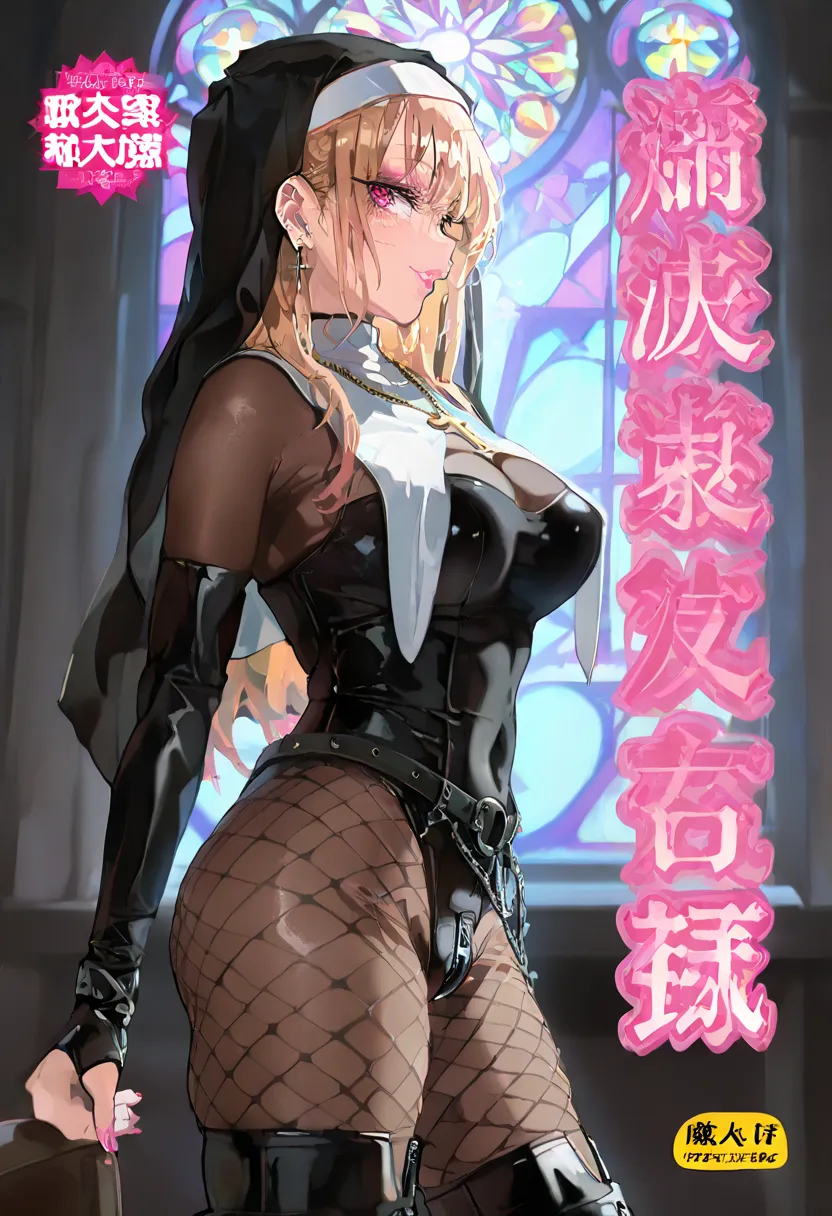 mamimi, multicolored hair, blonde hair, long hair, magenta eyes, ear piercing, earrings, pink nails, makeup, cowboy shot, smile, puffy lips, lipstick, rating_explicit, JAV cover, smirk,  fusion of nun costume and bodysuit, beautifully detailed black latex ...