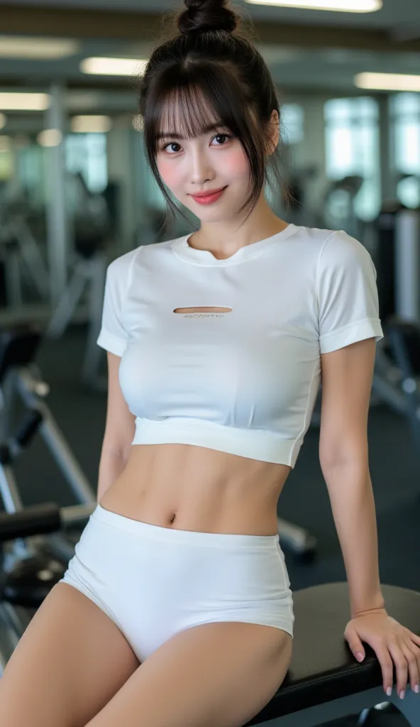 A masterpiece of realistic 8k portraiture shot on a Canon EOS camera. It features a lovely and beautiful 20's Thai girl with C-cup breasts, a nice figure, a cheerful smile, nice legs, a nice figure, fair skin, Gather all the gold hair into a bun. She is we...