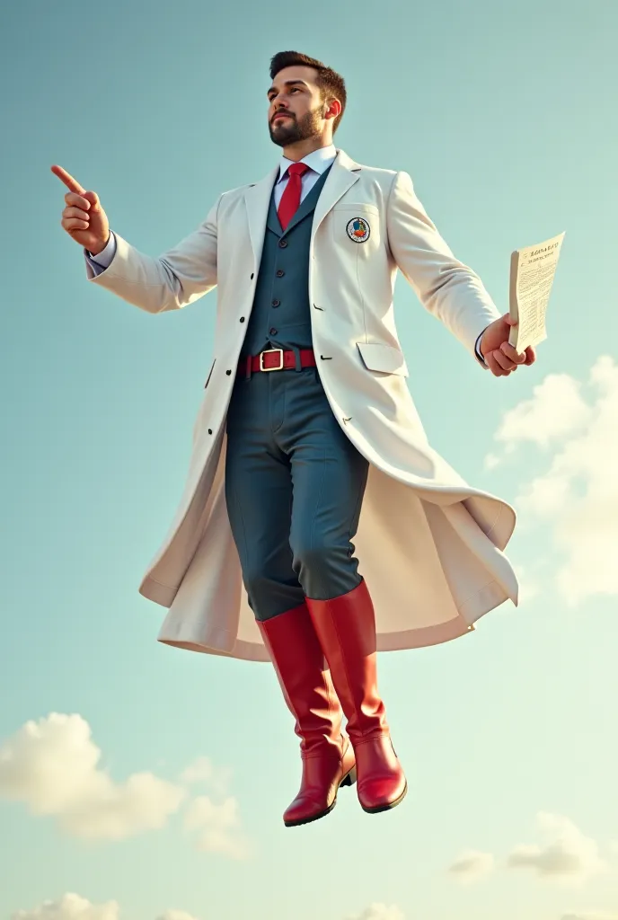 Flying superhero, wearing a white scientific coat, A scientist's costume from the 20th century, Whose boots are red, That in one hand you have a small piece of paper with scientific formulas, And the other hand points to the floor 