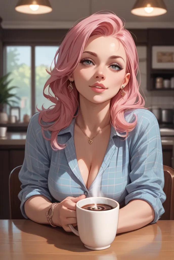 Create a realistic pink-haired woman over coffee