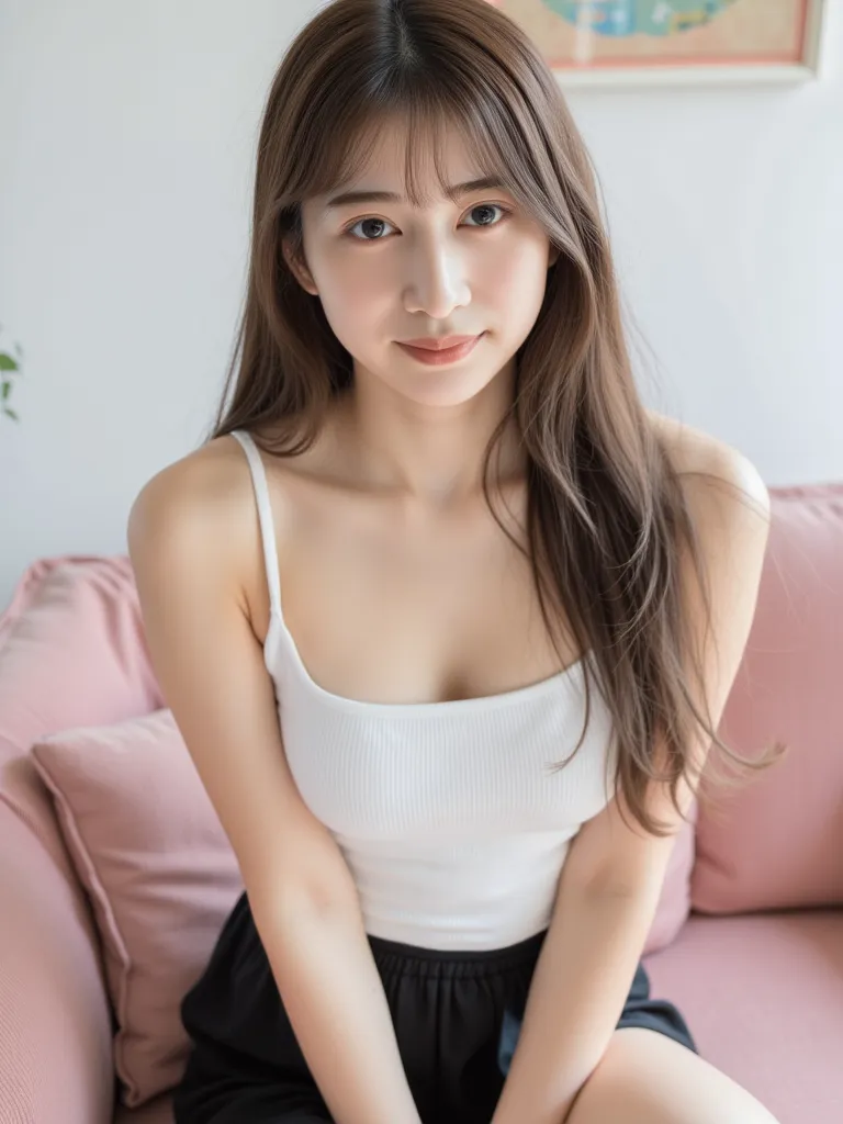 1 girl、 pretty finger、Hide your fingers、 no bangs、 no bangs、 mouth、close your mouth、 don't show teeth、full body, standing、Show me your legs too、 smiles, long hair,  Hair, curl、 closes the mouth、cute Japanese、18 years old、white tank top、black miniskirt、my r...