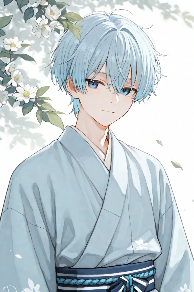 A delicate and serene anime-style male character with short, slightly messy light blue hair and striking blue eyes. He is wearing a traditional white and light blue kimono with a blue obi belt tied with a decorative rope. The background is minimalistic wit...