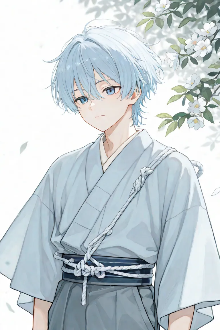 A delicate and serene anime-style male character with short, slightly messy light blue hair and striking blue eyes. He is wearing a traditional white and light blue kimono with a blue obi belt tied with a decorative rope. The background is minimalistic wit...