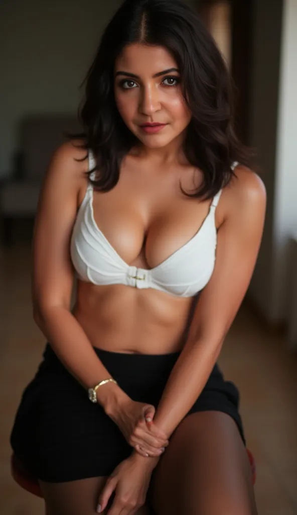 Generate a portrait close up image of a Indian housewife in a white bra. Athletic body. Big breasts. Black short skirt with stockings. Sitting on a chair.  Thighs visible. She is looking at the camera. Background blurred. Smokey eyes. Lipstick.