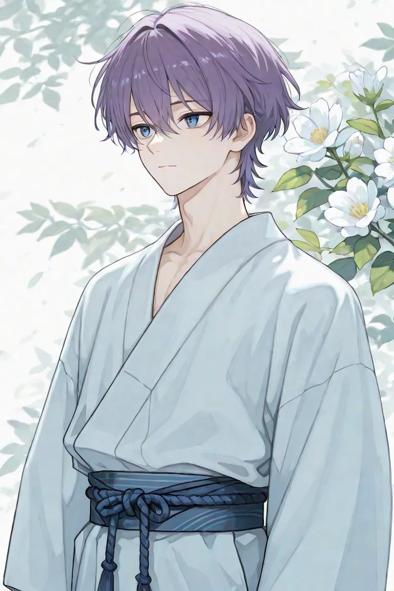 A delicate and serene anime-style male character with short, slightly messy purple hair and striking blue eyes. He is wearing a traditional white and light blue kimono with a blue obi belt tied with a decorative rope. The background is minimalistic with a ...