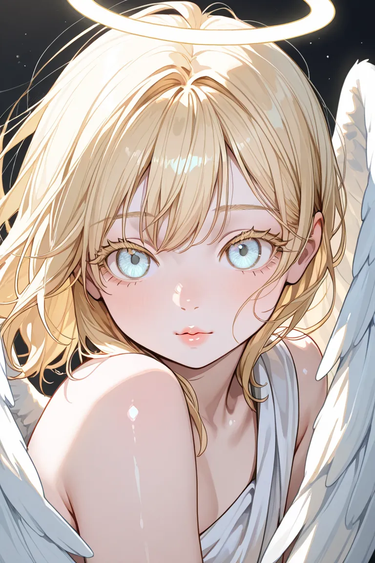 Young woman, angel, fluffy white wings, long pale blonde hair, light aquamarine eyes, long eyelashes, shiny plump lips, slender body, covered by a white cloth