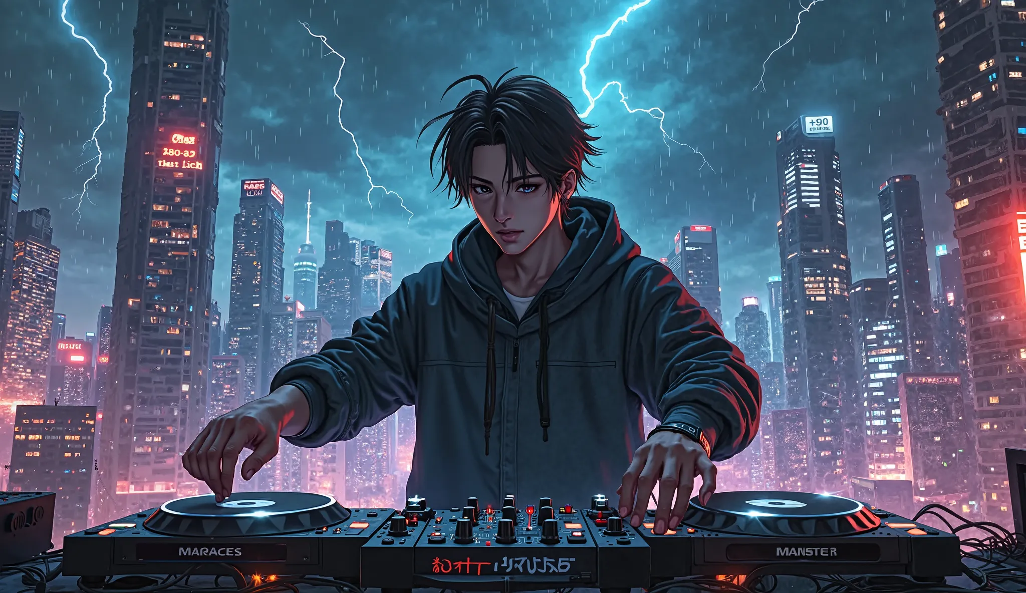 ealistic style, Master Parts, Best Quality, 8K, art stations, Ultra-realistic, high details, Sung Jin-woo anime character playing dj, with backround Dark City and lightning