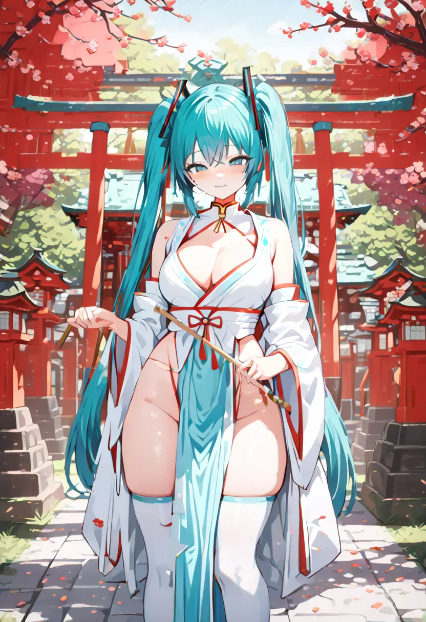 (hatsune miku, 1girl, solo:1.4), (light smile, light grin:1.4), (light-blue shrine maiden clothes, cleavage:1.4), (long pelvic curtain, female loincloth:1.4), (shrine choker:1.4), (shrine knee-high socks:1.4), (cowboy shot:1.4), (shrine:1.4), (plum tree, p...