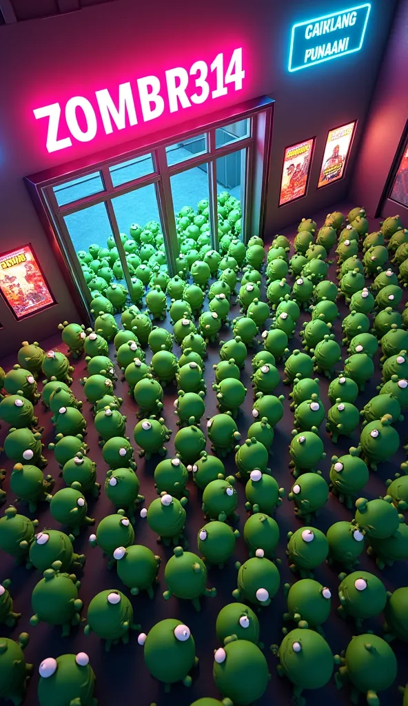 A fun and colorful 3D scene of a zombie invasion at a modern movie theater. The perspective is a high aerial view, showing thousands of cute, chubby green zombies swarming the entrance like a massive wave. The theater is sleek and contemporary, with bright...