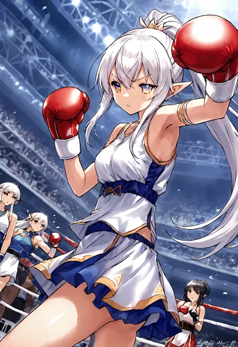 elf boxer、 boxingグローブ、punch、During the match、 boxing、long ponytail、white hair、passionate