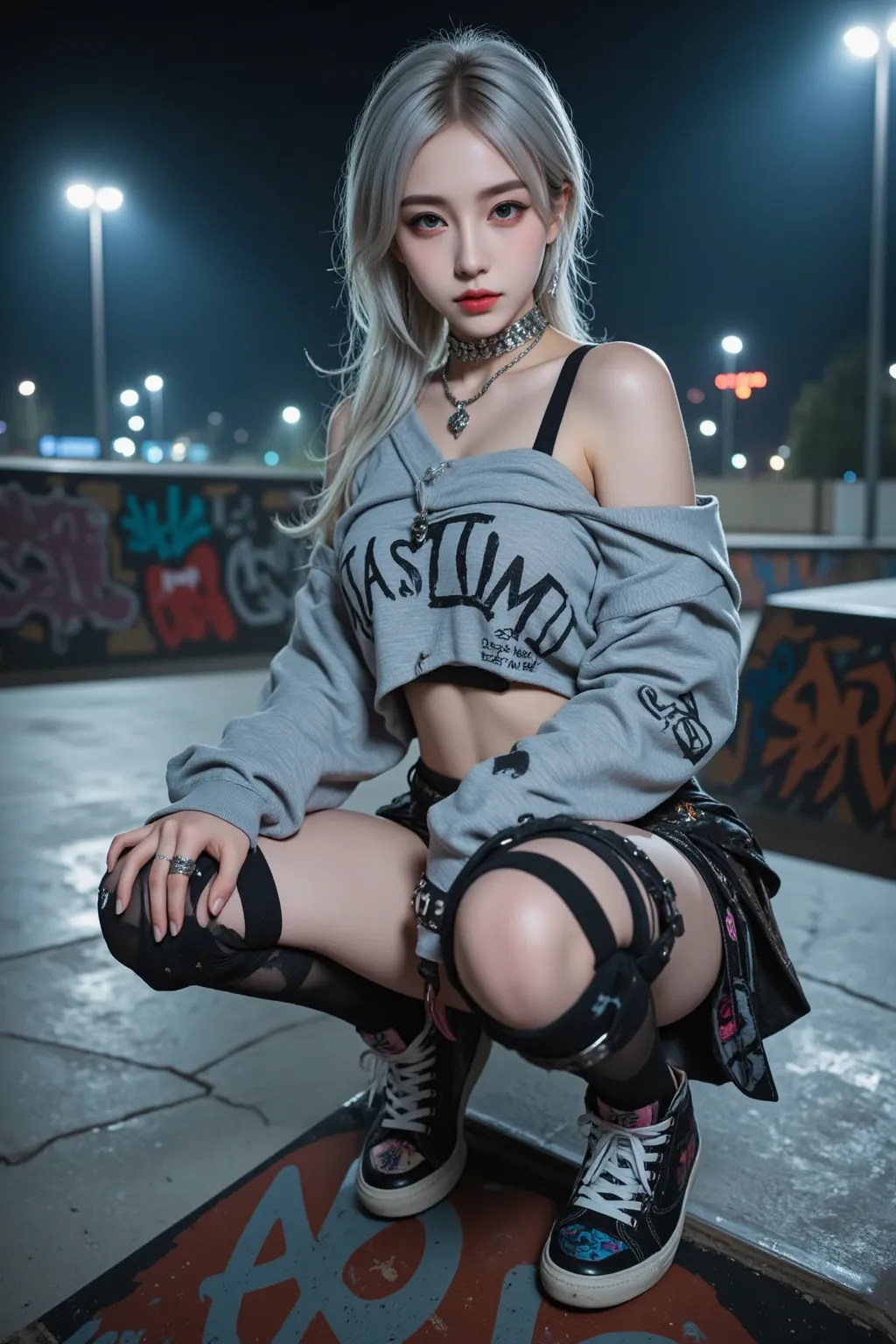 A stunningly beautiful woman in an urban skate park at night, wearing a fusion of high-energy street fashion and modern style. She sports an oversized, distressed graphic hoodie draped off one shoulder, revealing a sleek crop top. The hoodie features bold ...