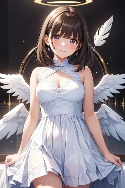  an angel in a beautiful white dress, Art Station Chengwei,  halo, White Feather  ,Anegasaki Nene, shiny brown hair, beautiful brown eyes, smiling face, sparkling pupils, (fine grain), highly detailed eyes, highly detailed face, highly detailed eyes,, (mas...