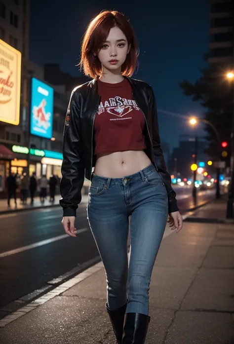 Young, 18 years old. red-haired. body with generous curves.  detailed realistic eyes ,  light brown.  natural red hair . freckles on the face. freckles.  wearing jeans. black boot. Half side pose, standing. On the street of a city, at night. neon lights in...