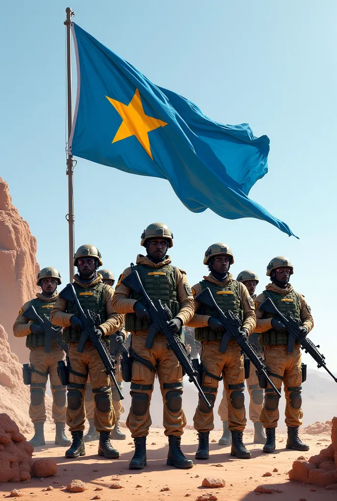 Somali military special forces with bright blue with white star in the center flag , and praying