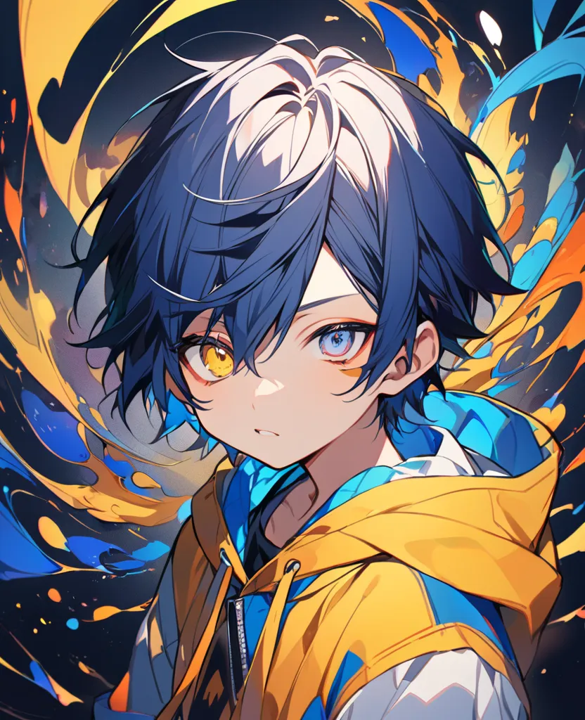 Alone、blue inner、 Gold、right eye red、left eye yellow、is young、boy、hoodie、upper body