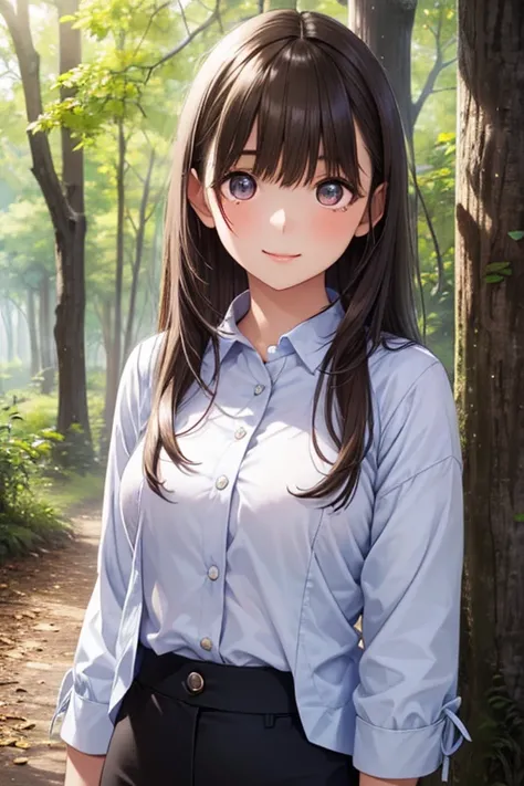 4K, realistic, detailed,   there's a girl in the woods, She is a samurai, War Theme, Soft clothes, long hair, Wearing leggings, Age 25, ,Anegasaki Nene, shiny brown hair, beautiful brown eyes, smiling face, sparkling pupils, (fine grain), highly detailed e...