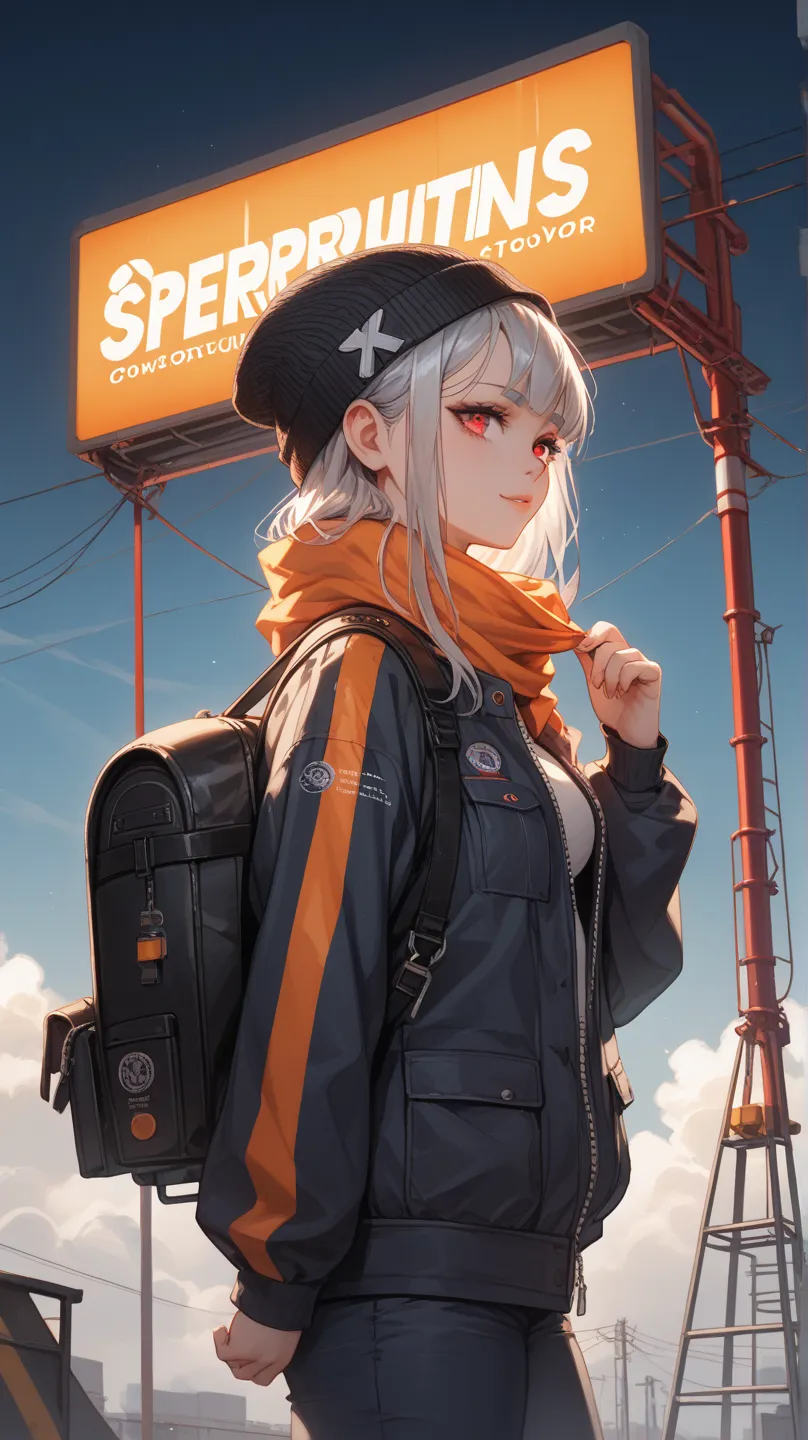 A beautifully detailed anime-style illustration of a young female character standing in an industrial setting with a dramatic sky. She has long, flowing silver hair and striking red eyes, partially covered by a cream-colored beanie. She wears a large, rugg...